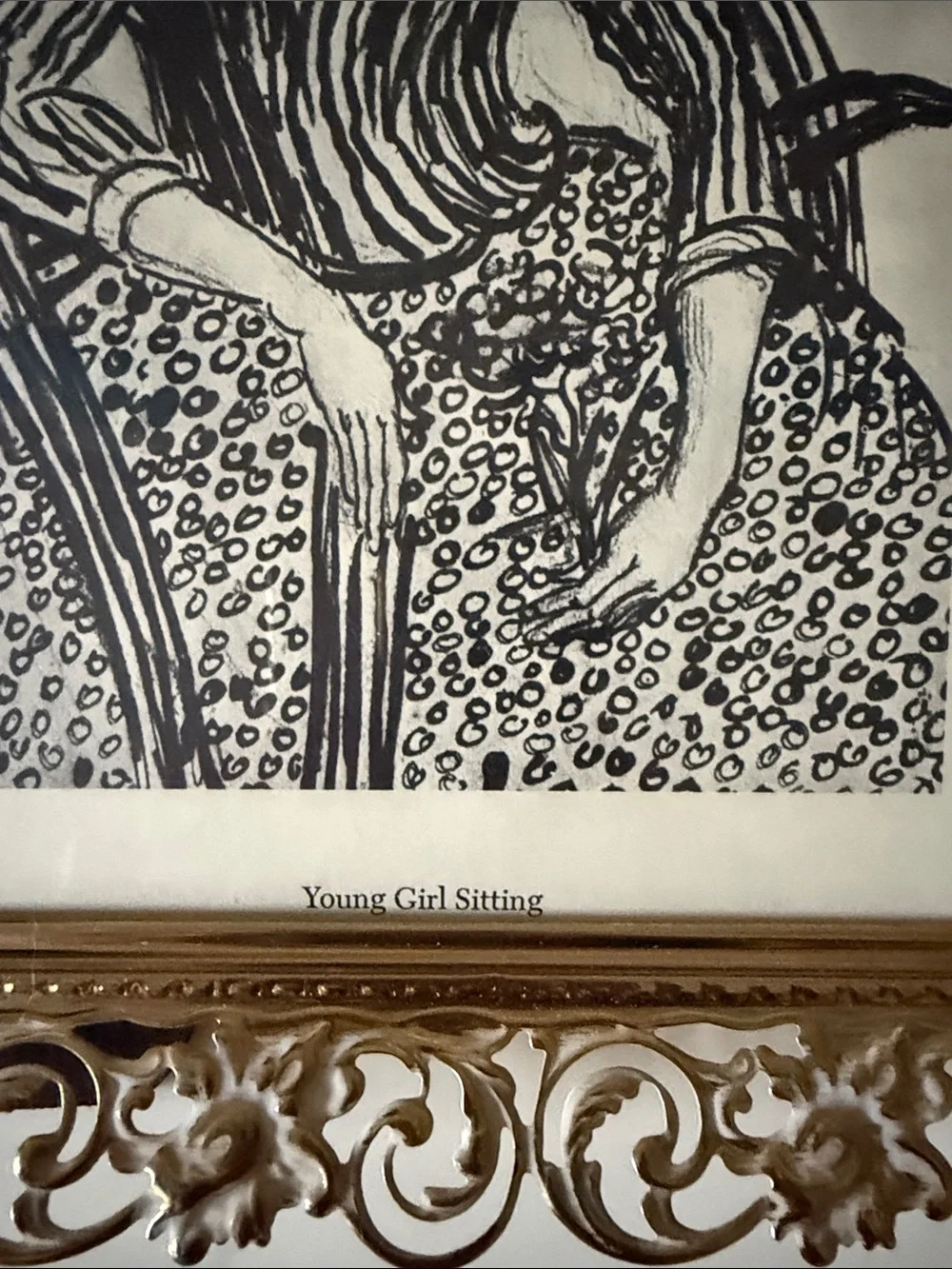 Vintage Gold Tone Ornate Picture Frame with Van Gogh Pencil Art